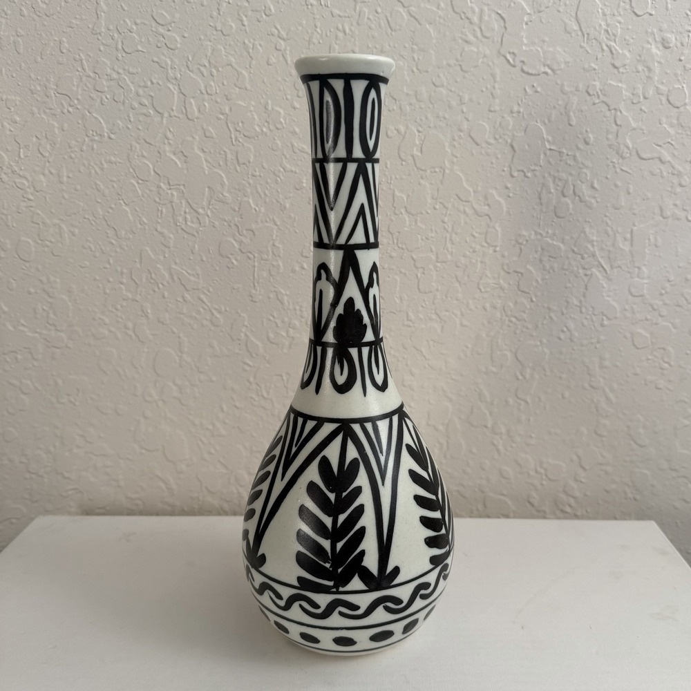 Mid Century Modern Pottery Vase Spain Vintage 60s 70s Black White Hand Painted
